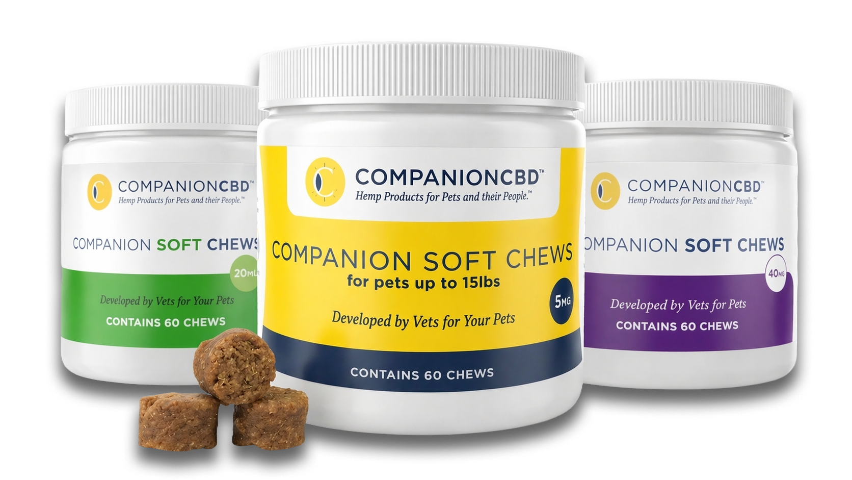 Companion CBD Soft Chews for pets — 5mg cheese, 20mg BBQ, and 40mg BBQ soft-chew jars